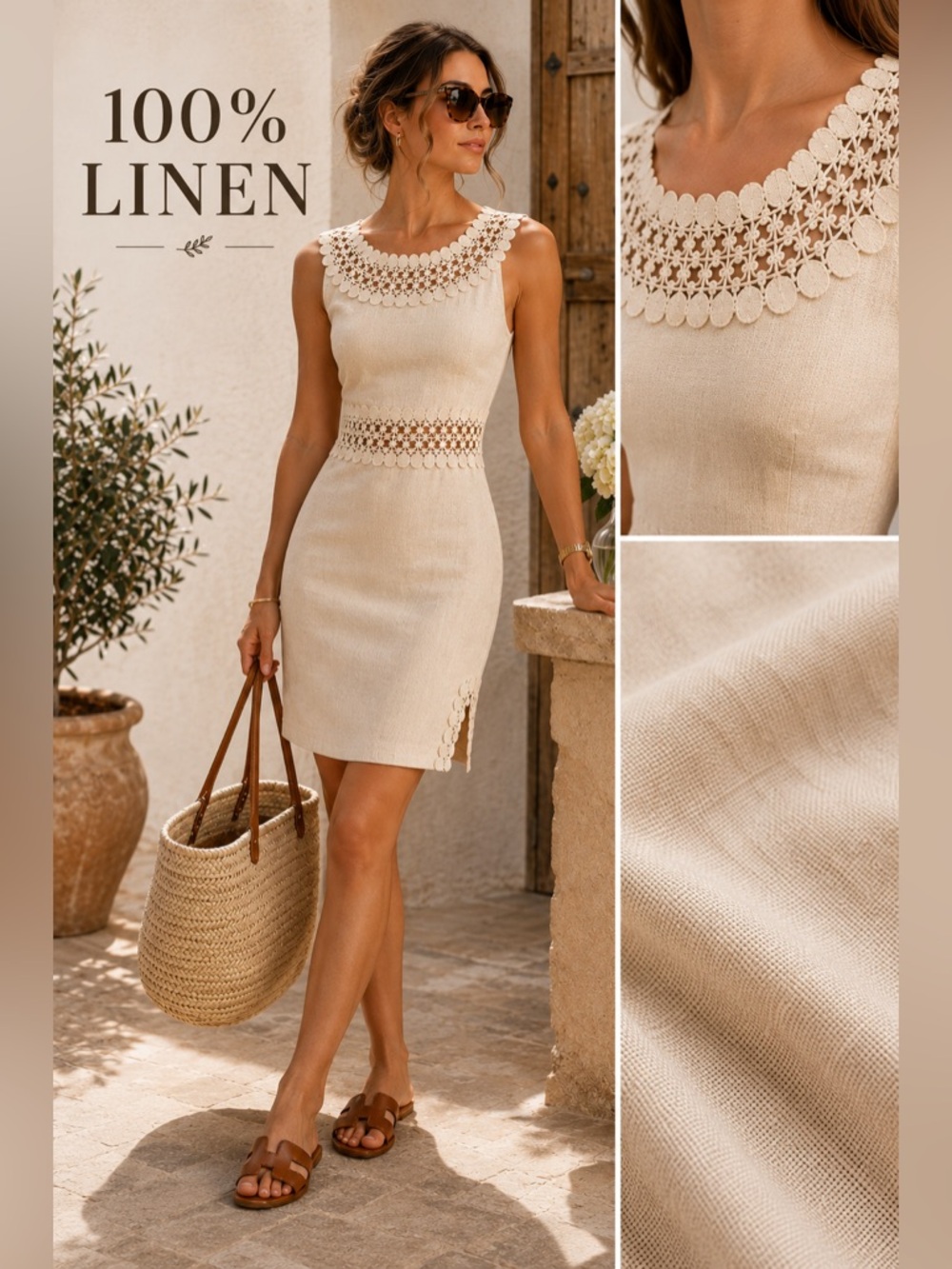 100% Linen Dress Small Beige Crochet Lace Cottagecore Old Money Sheath